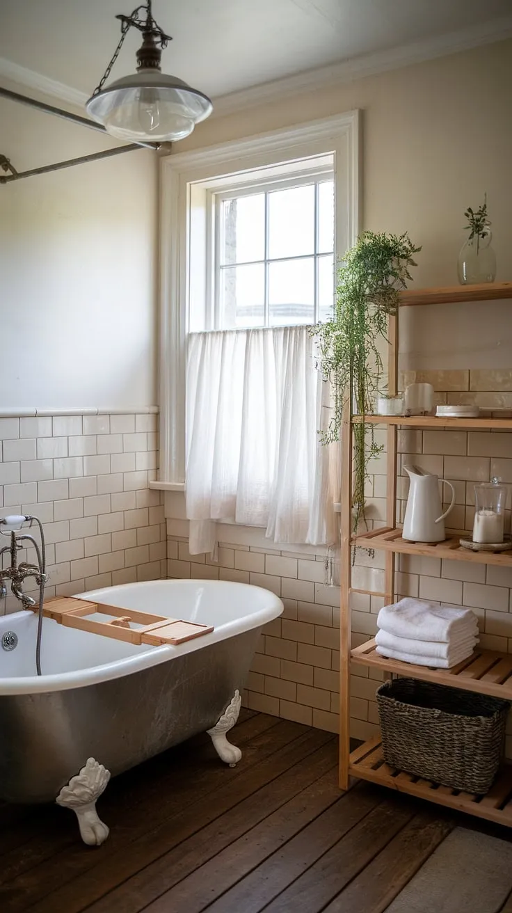 Transform your restroom decor with a rustic farmhouse bathroom featuring a clawfoot tub, beige tiles, and charming DIY farmhouse decor like a wooden shelf adorned with a white pitcher and green plant.
