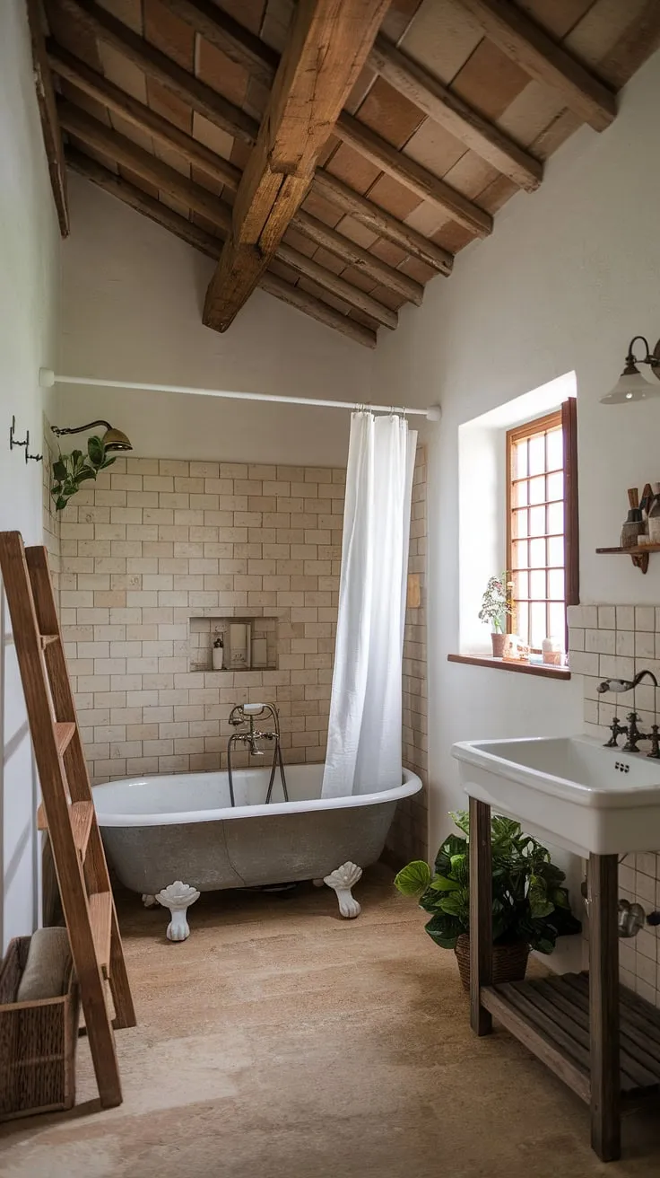 With its wooden beam ceiling and inviting ambiance, this rustic bathroom decor showcases the ideal blend of farmhouse bathroom decor and DIY farmhouse decor elements.
