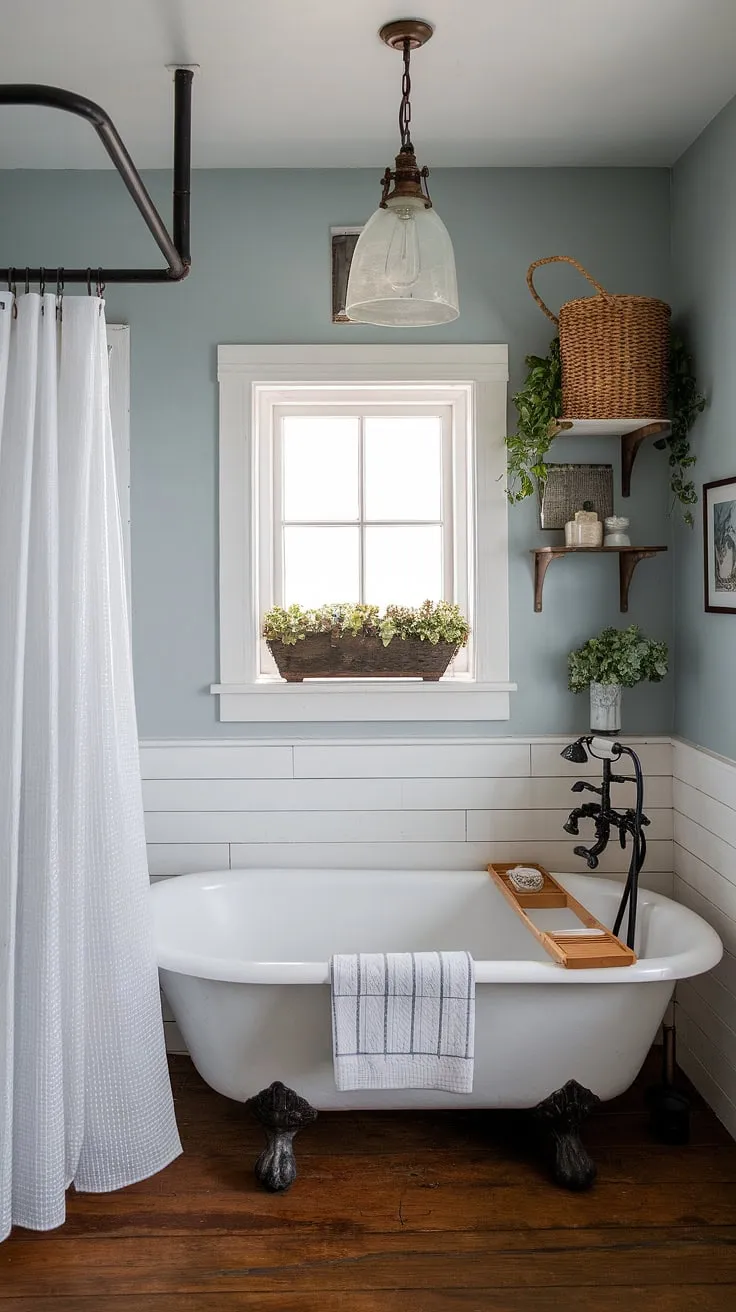 With its vintage light fixture and wooden floors, this bathroom redo showcases delightful rustic bathroom decor and DIY farmhouse decor ideas.