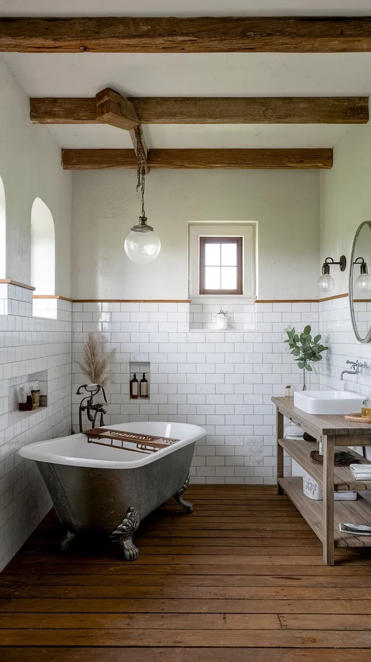 With its ornate cast iron tub and vintage light fixture, this rustic bathroom decor exemplifies a charming bathroom redo that highlights the beauty of farmhouse bathroom decor.