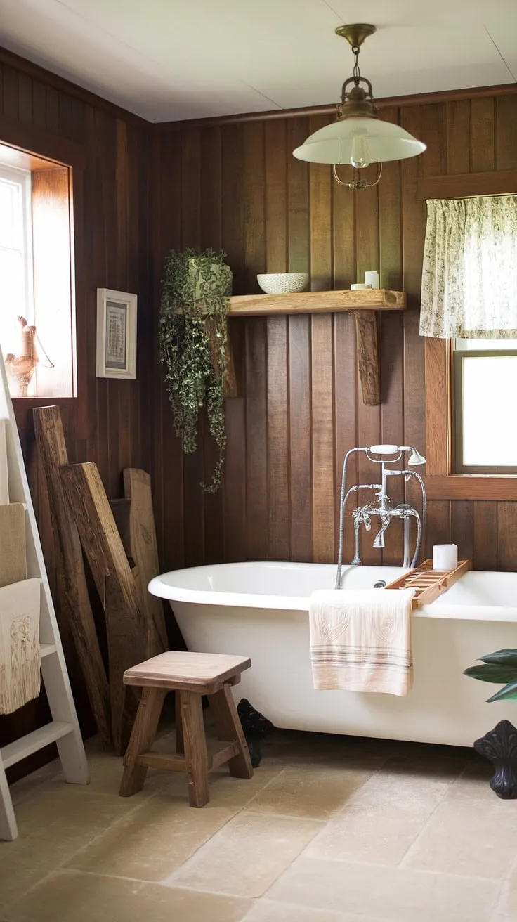 With its white bathtub, wooden accents, and DIY farmhouse decor elements, this rustic bathroom decor captures the essence of cozy restroom decor.