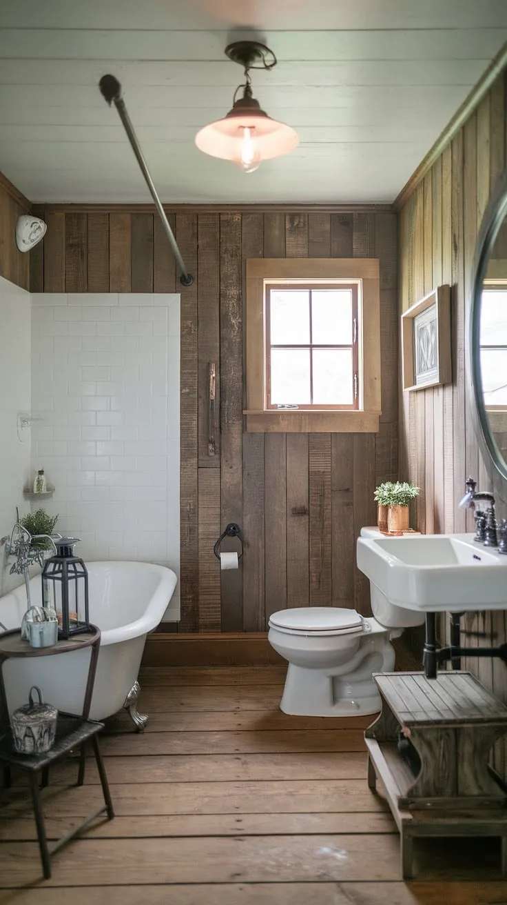This rustic farmhouse bathroom features charming decor with wood paneling, a vintage light fixture, and DIY touches that perfectly embody bathroom farmhouse style.