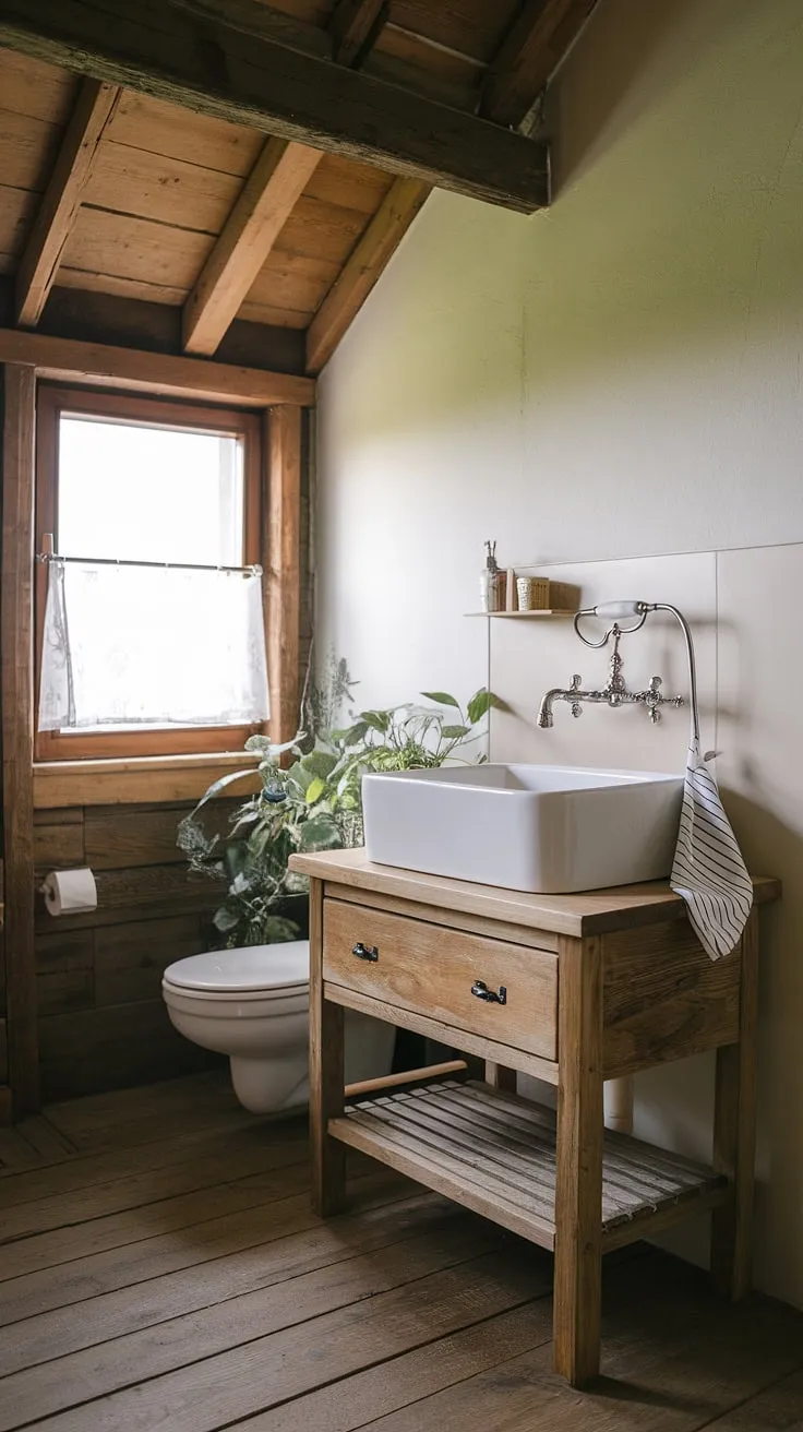 This rustic bathroom decor showcases a wooden-planked floor and a stylish wooden beam ceiling, perfect for a bathroom redo in farmhouse style.