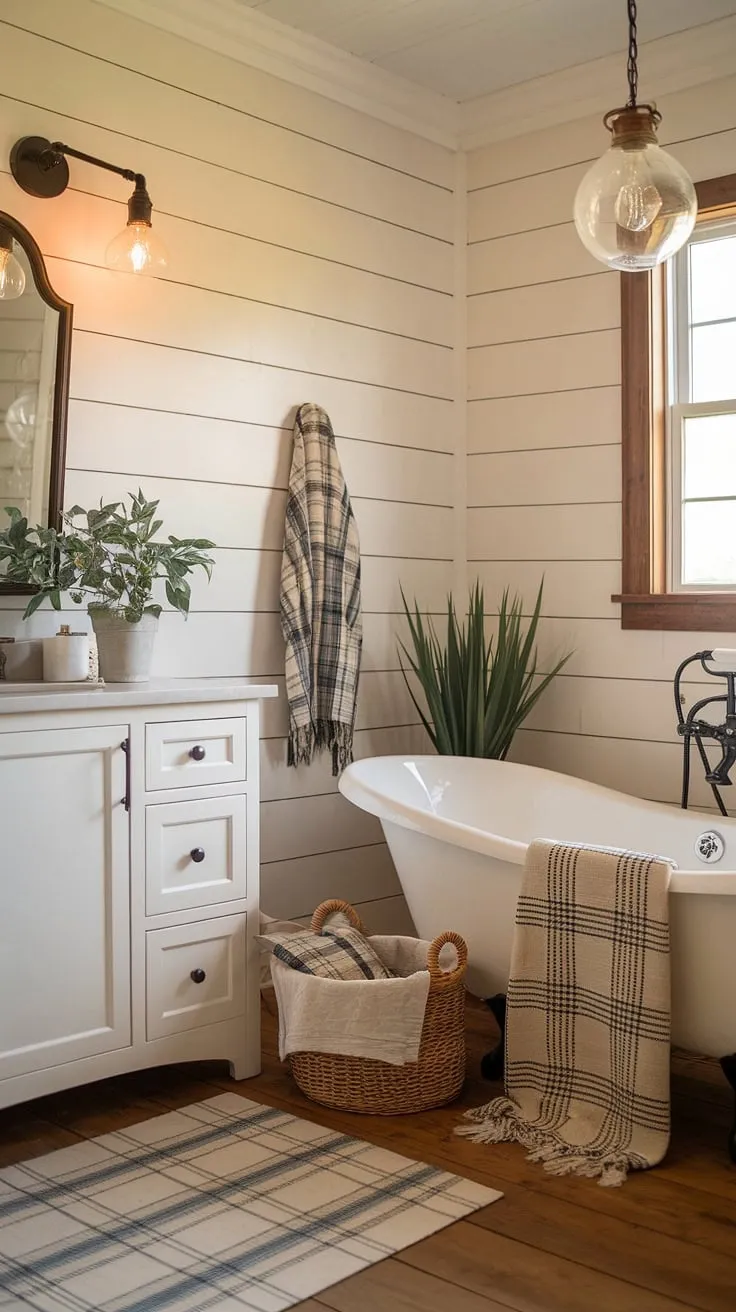 With its shiplap walls, vintage light fixture, and warm wood tones, this rustic farmhouse bathroom exemplifies the charm of DIY farmhouse decor and bathroom farmhouse style.
