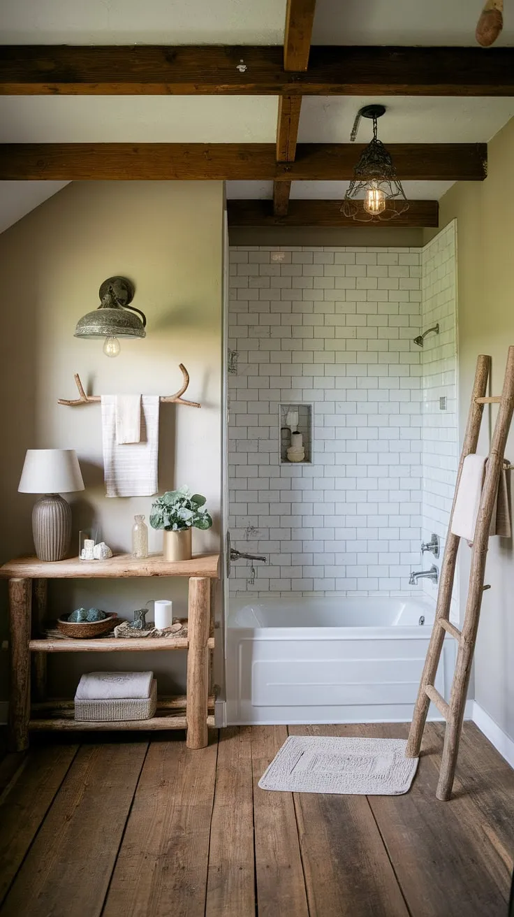 With its wooden floors, vintage fixtures, and creative restroom decor, this bathroom redo showcases the perfect blend of rustic bathroom decor and farmhouse charm.