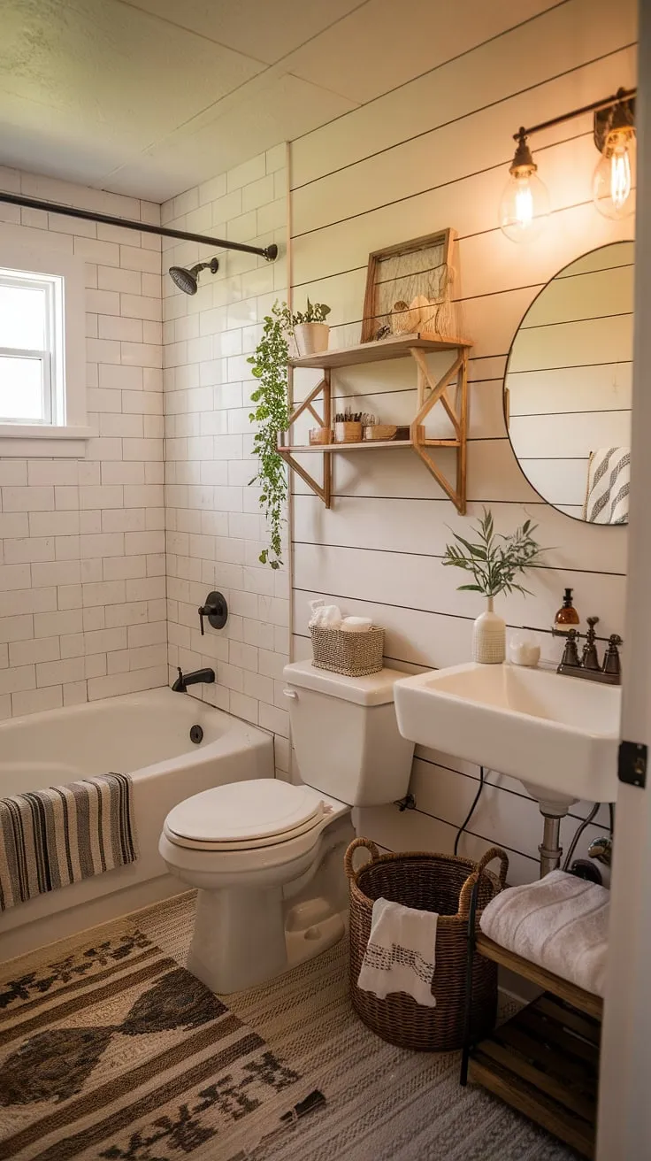 This rustic farmhouse bathroom features shiplap walls, a cozy wooden shelf, and warm lighting, making it the perfect canvas for DIY farmhouse decor and stylish restroom decor.