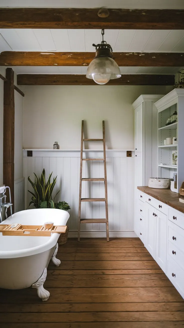 Transform your restroom decor with a cozy rustic farmhouse bathroom featuring a clawfoot tub, wooden beams, and charming DIY farmhouse decor.