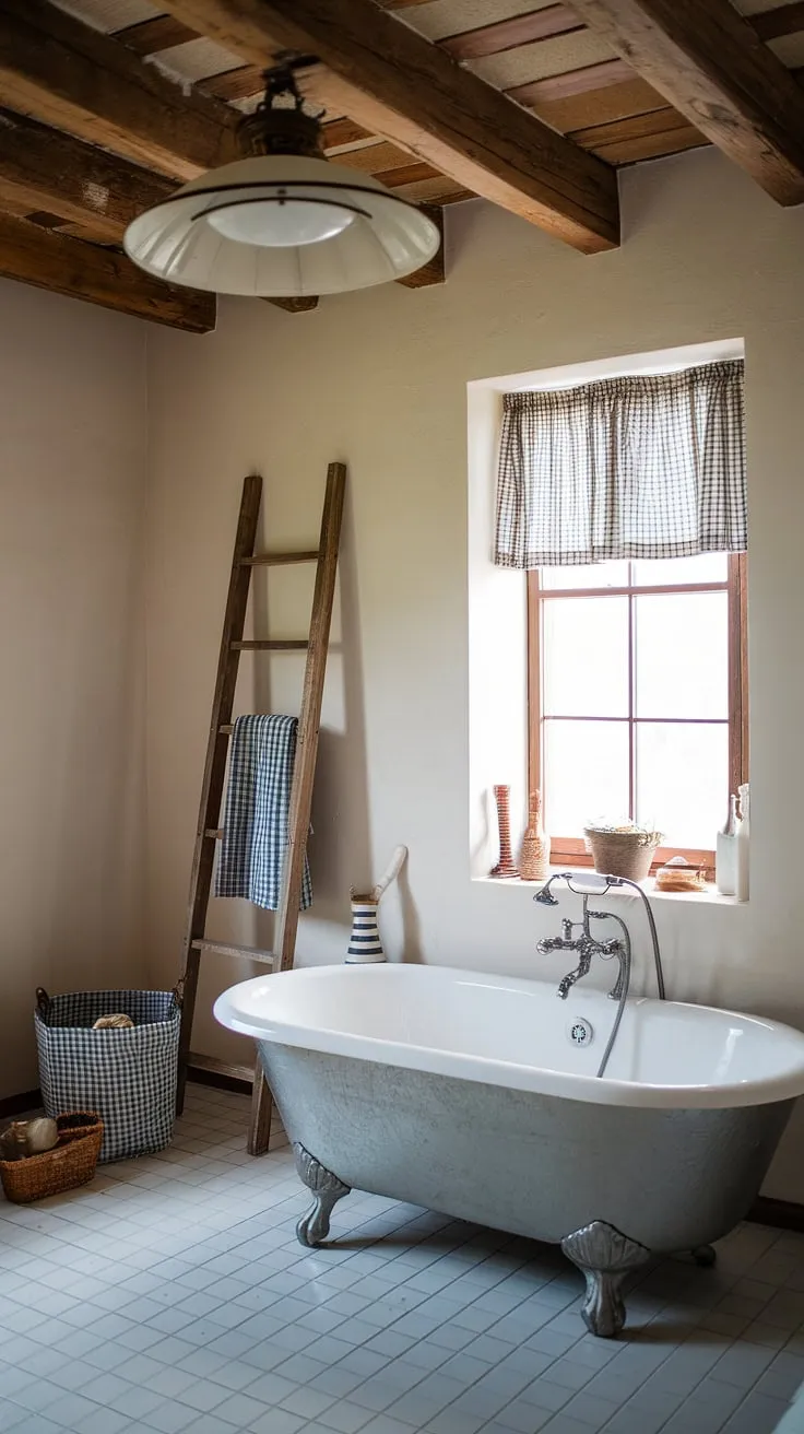 This rustic bathroom decor showcases a clawfoot tub and vintage accents, perfect for a stylish bathroom redo in farmhouse style.