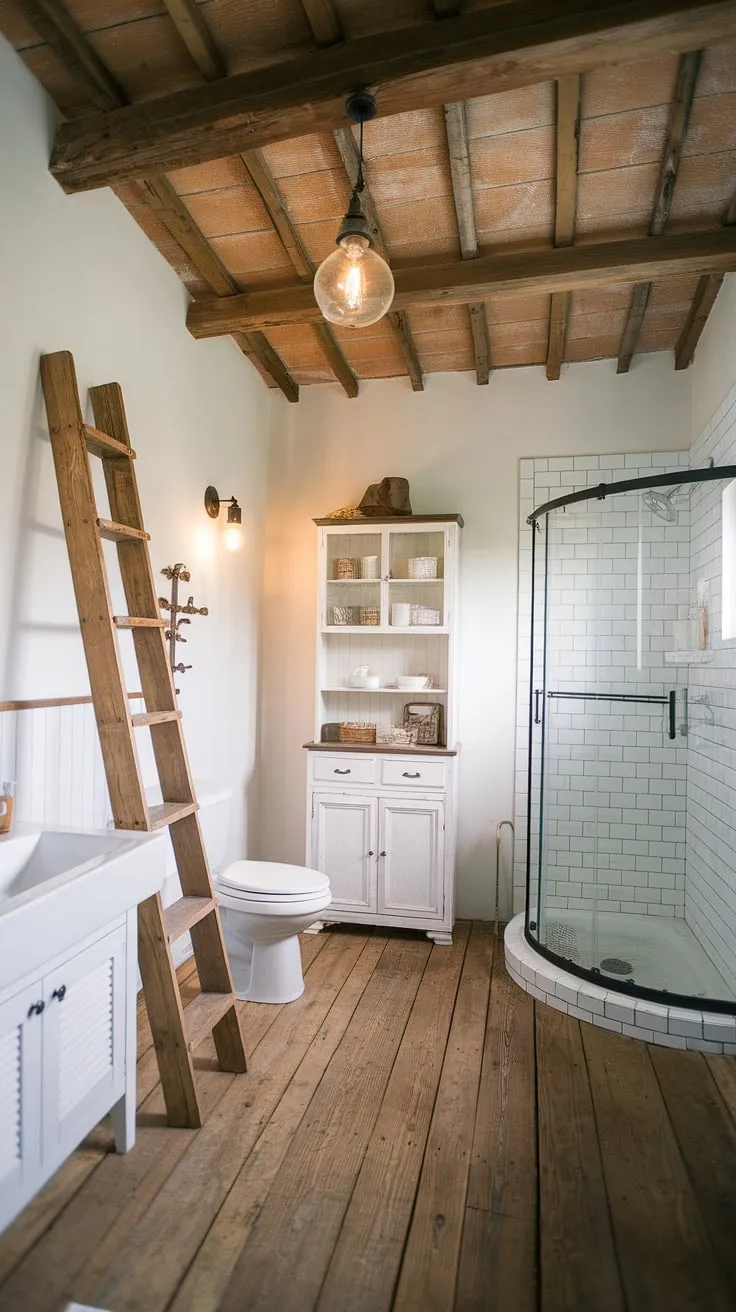 With its white walls, wooden ladder, and glass shower door, this rustic bathroom decor exemplifies the cozy elegance of a farmhouse bathroom.