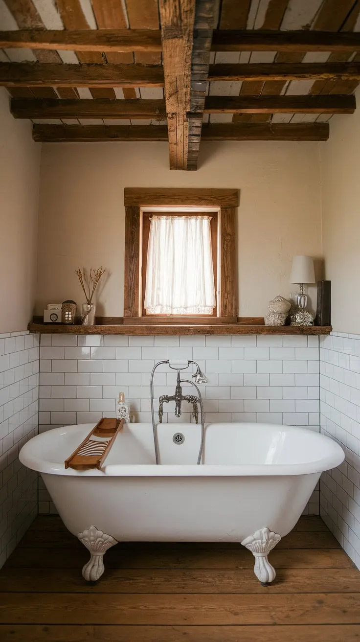 This rustic farmhouse bathroom features a charming white clawfoot tub, wooden beam ceiling, and stylish decor that perfectly captures the essence of bathroom farmhouse style.