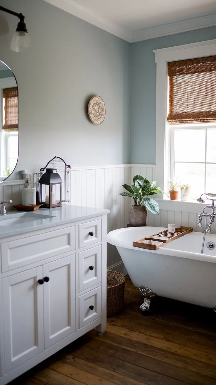 This rustic bathroom decor showcases a white vanity and wooden flooring, perfectly capturing the essence of bathroom farmhouse style.