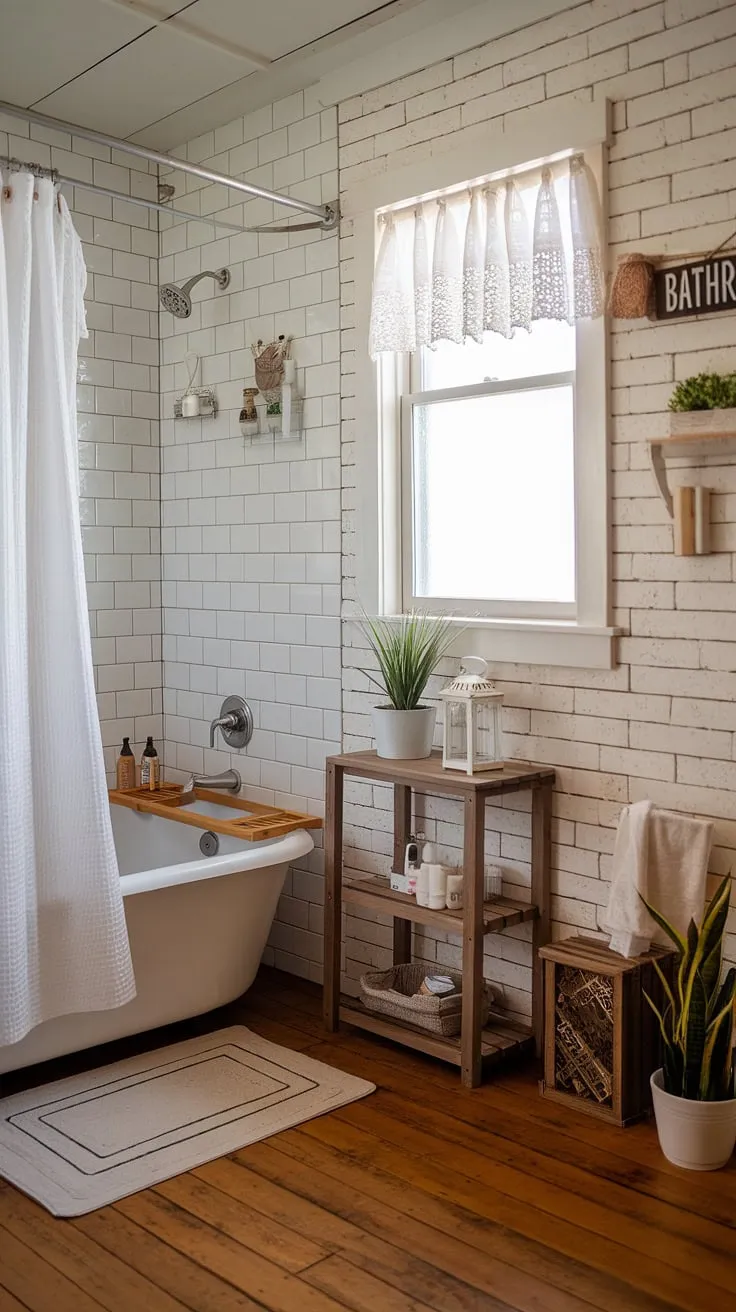 This rustic farmhouse bathroom features charming decor like a wooden shelf with a lantern and potted plants, perfectly embodying the bathroom farmhouse style for a delightful restroom decor redo.