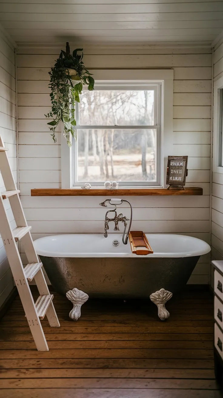 With its vintage feel, this rustic bathroom decor showcases a clawfoot tub and wooden accents, ideal for a bathroom redo that captures the essence of farmhouse bathroom decor.