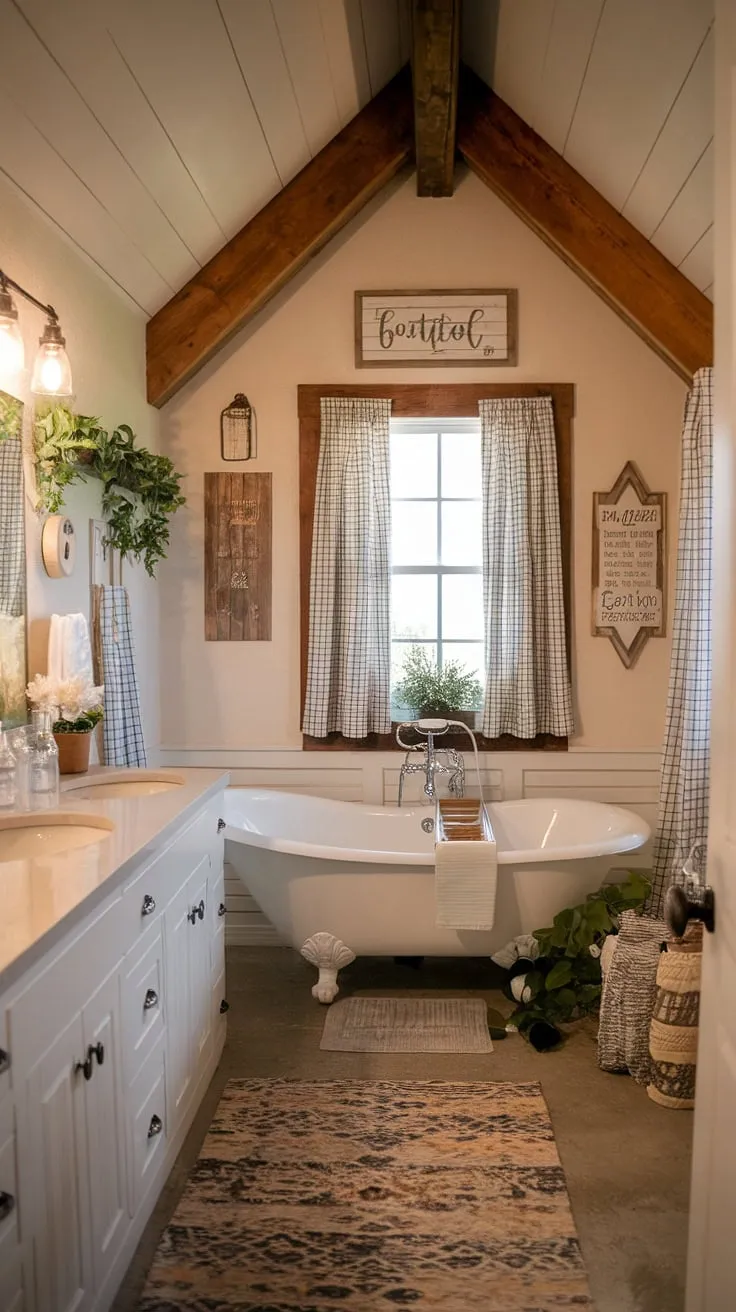 This rustic farmhouse bathroom features a clawfoot tub, wooden beam ceiling, and charming decor elements that create a cozy restroom decor perfect for a bathroom redo.
