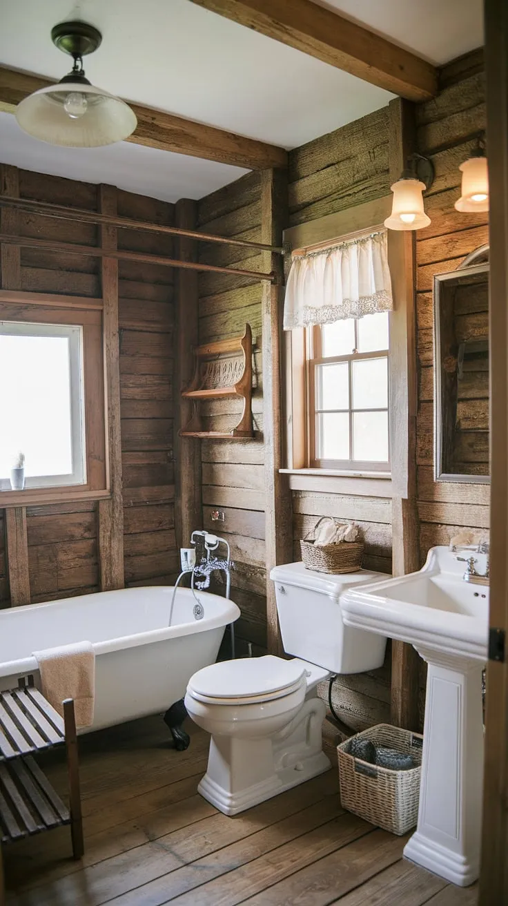 Transform your restroom decor with a rustic farmhouse bathroom featuring wooden beams, a vintage light fixture, and charming DIY farmhouse decor for a stylish bathroom redo.