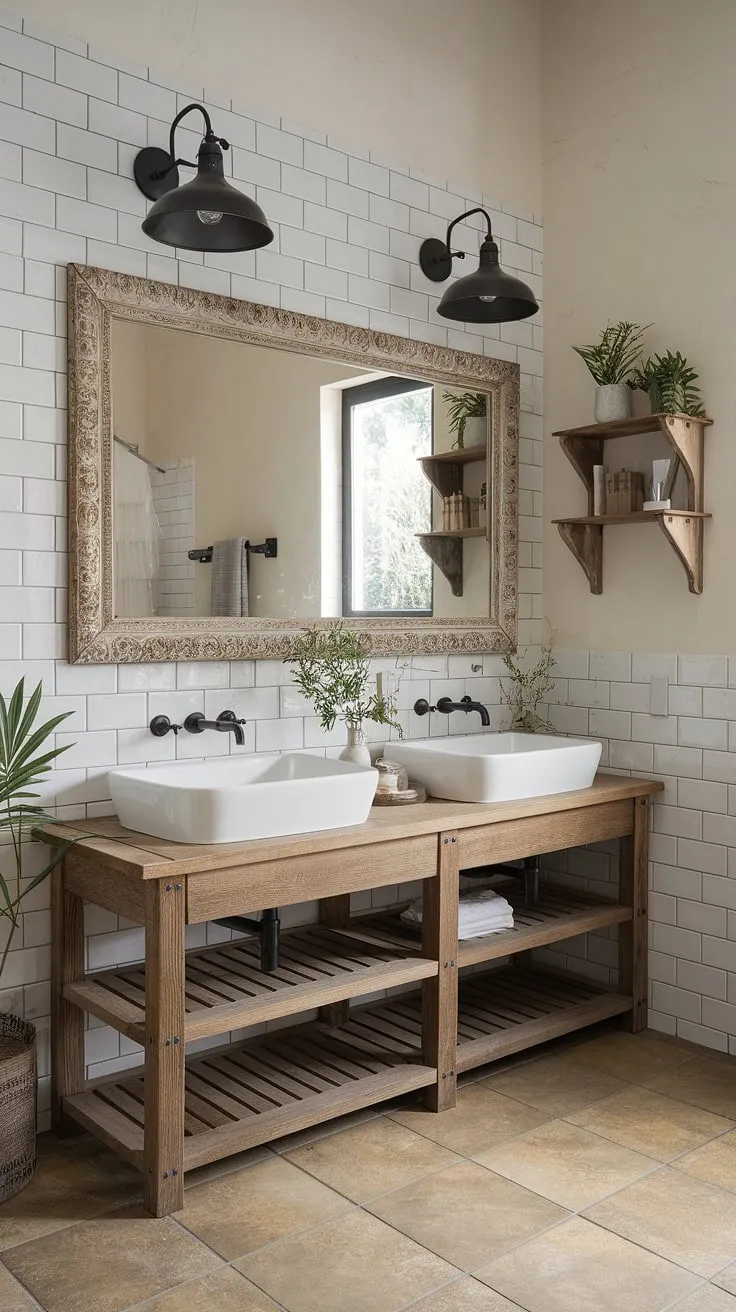 With its white tiled walls, ornate mirror, and rustic bathroom decor, this restroom decor captures the essence of cozy bathroom farmhouse style.