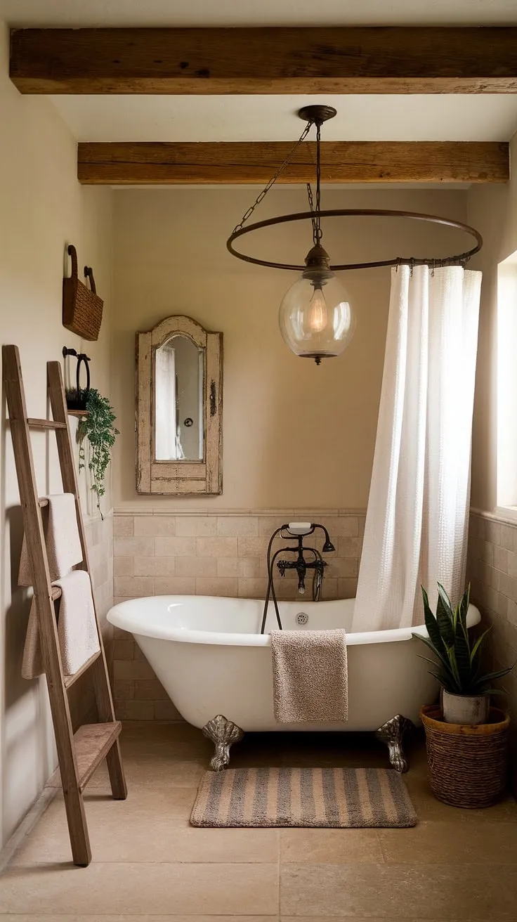 This rustic farmhouse bathroom features a clawfoot tub, vintage decor, and warm earthy tones, making it the perfect inspiration for a bathroom redo with farmhouse bathroom style.