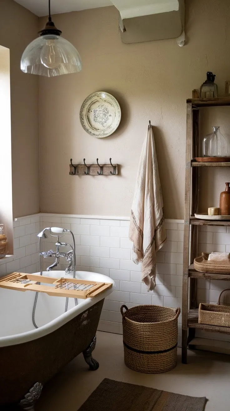 Immerse yourself in a serene sanctuary of soft hues and vintage charm as you unwind in a clawfoot tub after a long day.