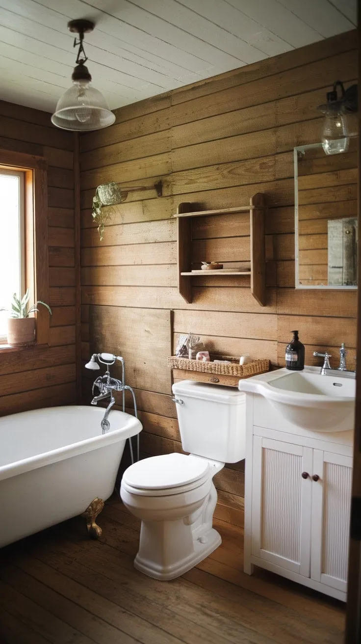 This farmhouse bathroom beautifully fuses rustic charm with modern comfort, offering a serene sanctuary of warm wood, vintage lighting, and crisp white fixtures.