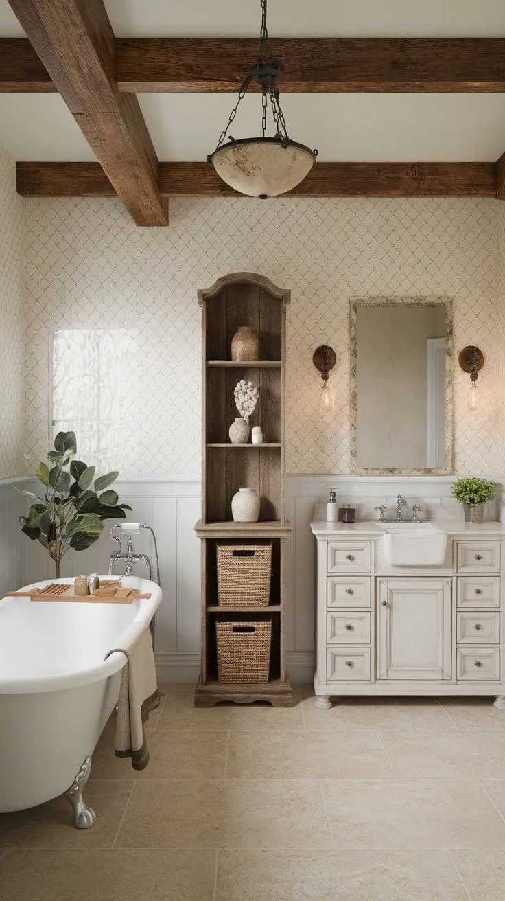 In this farmhouse bathroom, rustic wooden beams and vintage lighting harmoniously blend with sleek white fixtures, creating a tranquil sanctuary that beautifully marries old-world charm with modern elegance.