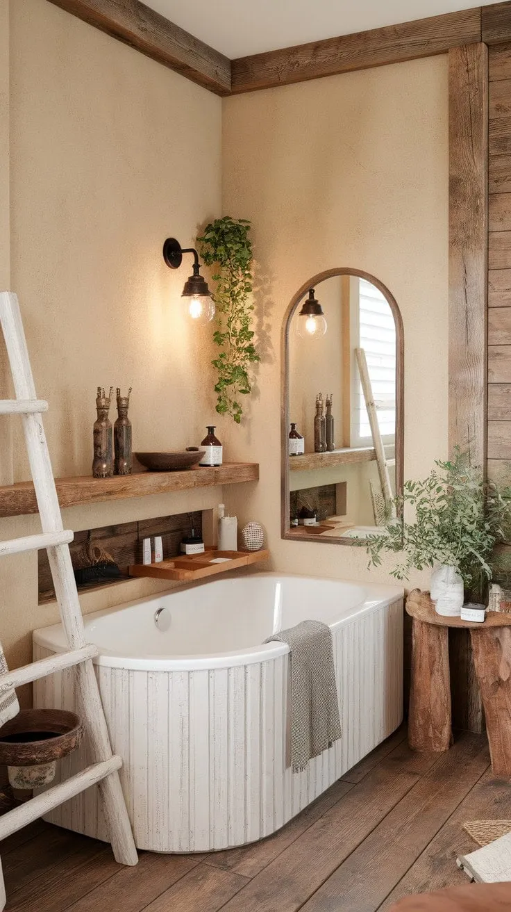 Discover tranquility in this rustic bathroom retreat, where soothing light and calming colors invite you to unwind and embrace serenity.