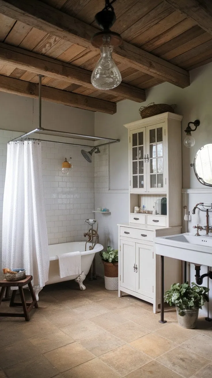 This farmhouse bathroom beautifully fuses rustic charm with modern elegance, featuring aged wood beams and vintage fixtures alongside sleek white cabinetry and a tiled floor for a serene escape.