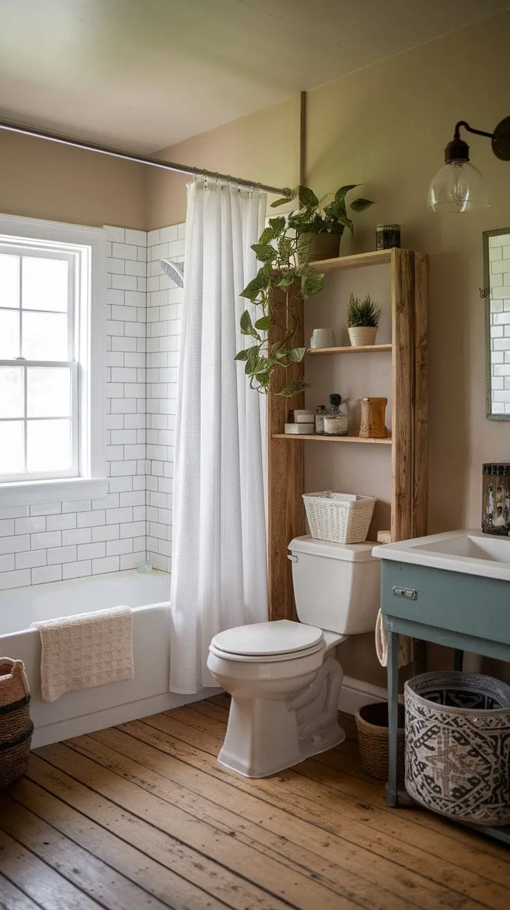 Sunlight bathes the rustic farmhouse bathroom in a warm glow, where a simple white tub and a thriving plant evoke a serene, timeless charm.