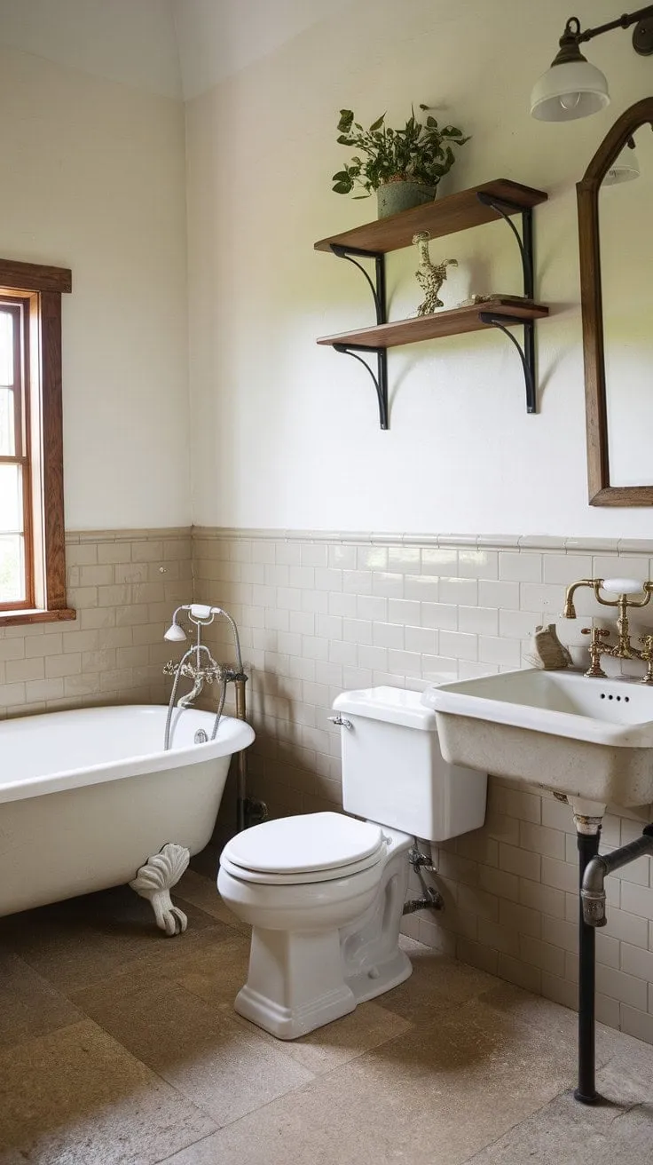 This rustic bathroom, with its aged sink and inviting clawfoot tub, offers a serene escape that beautifully marries old-world charm with modern comfort.