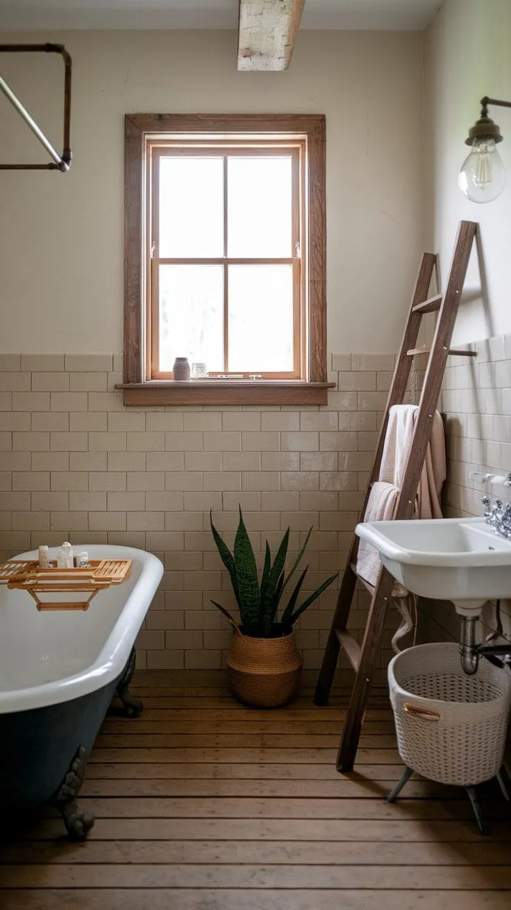 In this farmhouse bathroom, rustic elements like aged wood and a clawfoot tub blend seamlessly with modern touches, creating a serene and elegant retreat.