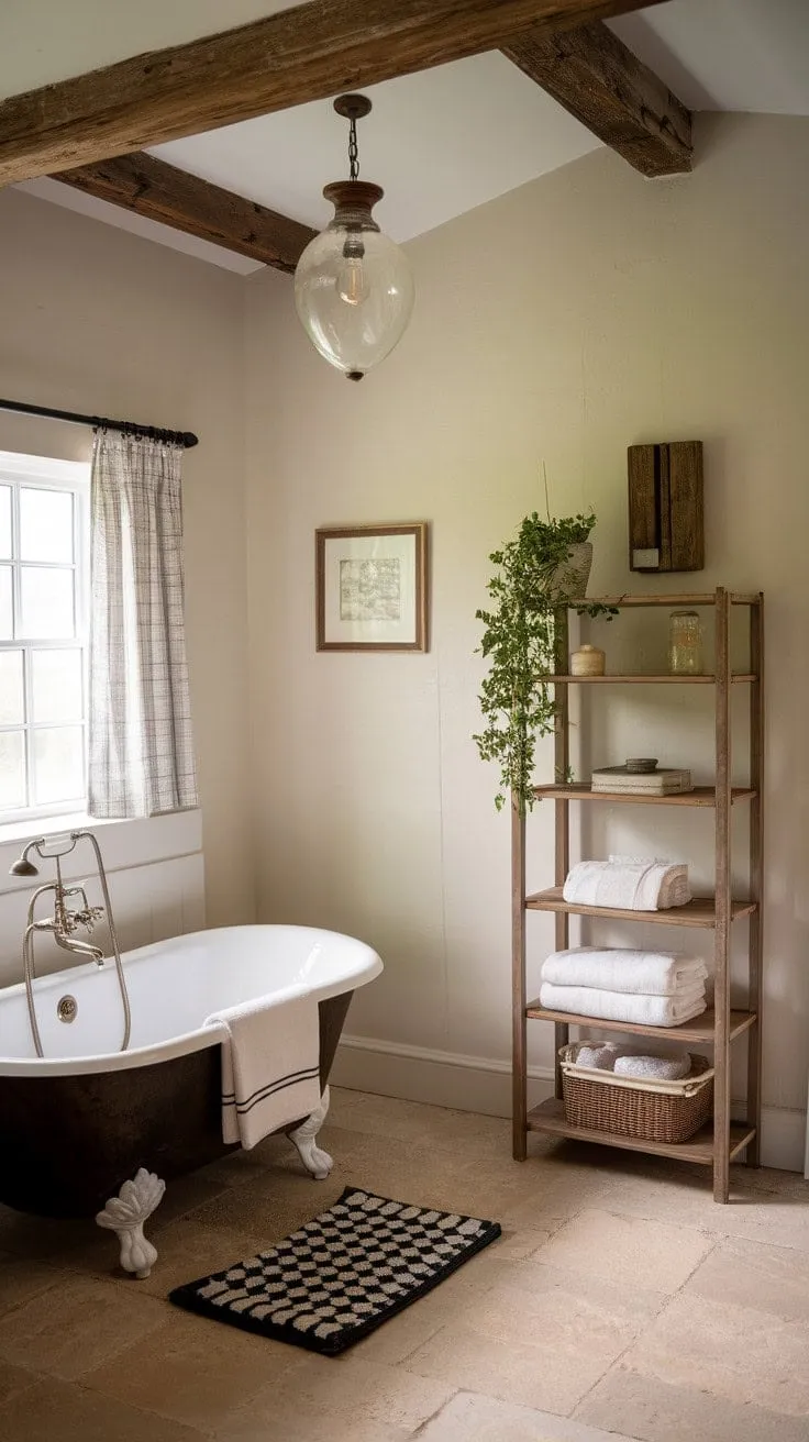 In this farmhouse bathroom, rustic charm and modern comfort blend seamlessly, featuring a clawfoot tub, vintage lighting, and vibrant greenery for a tranquil yet stylish retreat.