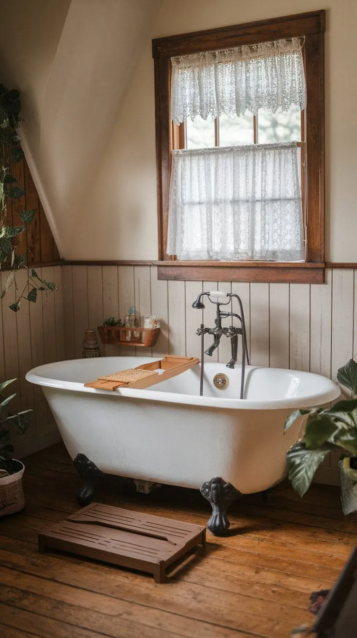 Indulge in a rejuvenating retreat where a clawfoot tub surrounded by rustic wood and lush greenery transforms your bathroom into a serene sanctuary.