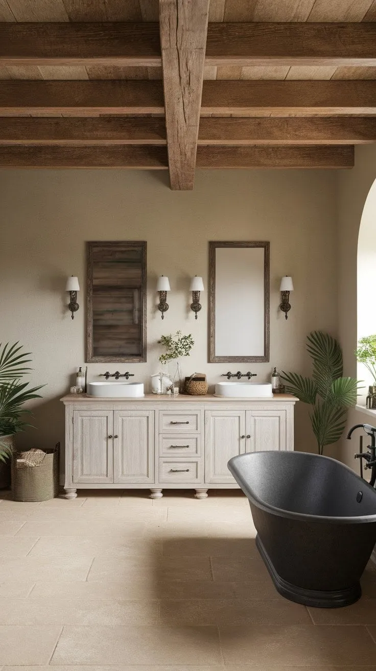 Experience serene bliss in a rustic farmhouse bathroom, where exposed beams and a deep black tub create a tranquil sanctuary adorned with soft lighting and lush greenery.