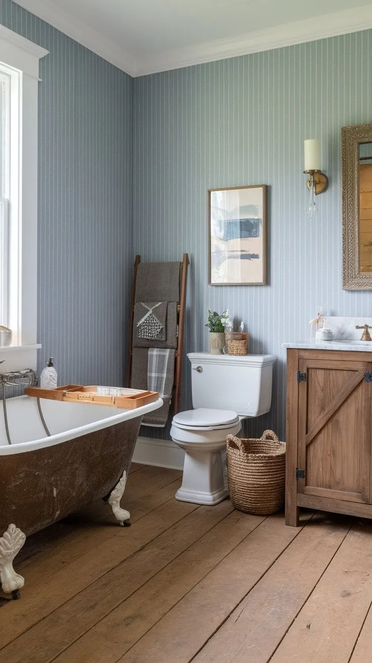 This enchanting bathroom blends rustic charm with refined elegance, inviting you to unwind in a timeless sanctuary steeped in history.