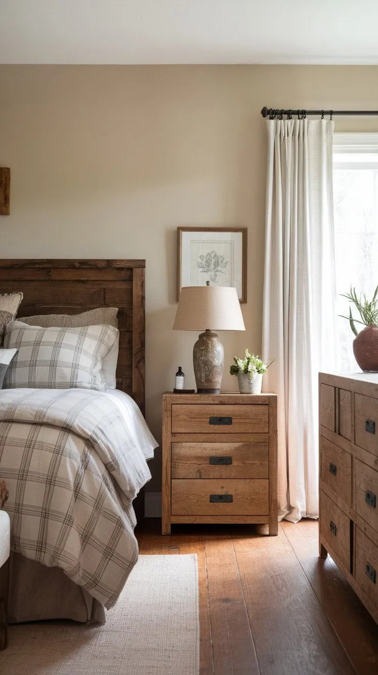 Awaken in a rustic farmhouse retreat where a cozy plaid king-size bed invites restful nights amidst charming simplicity.