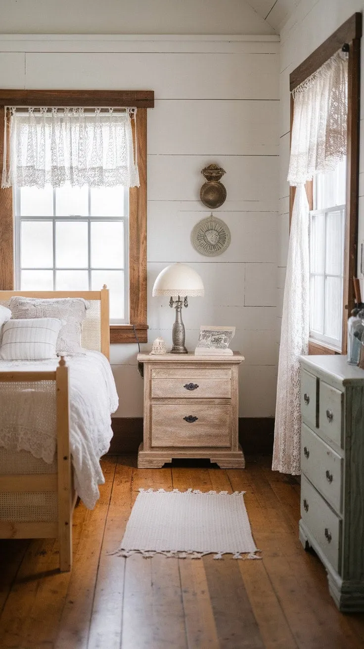 Sunlight dances through lace-trimmed windows, casting a warm glow on the rustic charm of a cozy farmhouse bedroom, where aged wood floors and simple furnishings invite peaceful contemplation and restful slumber.