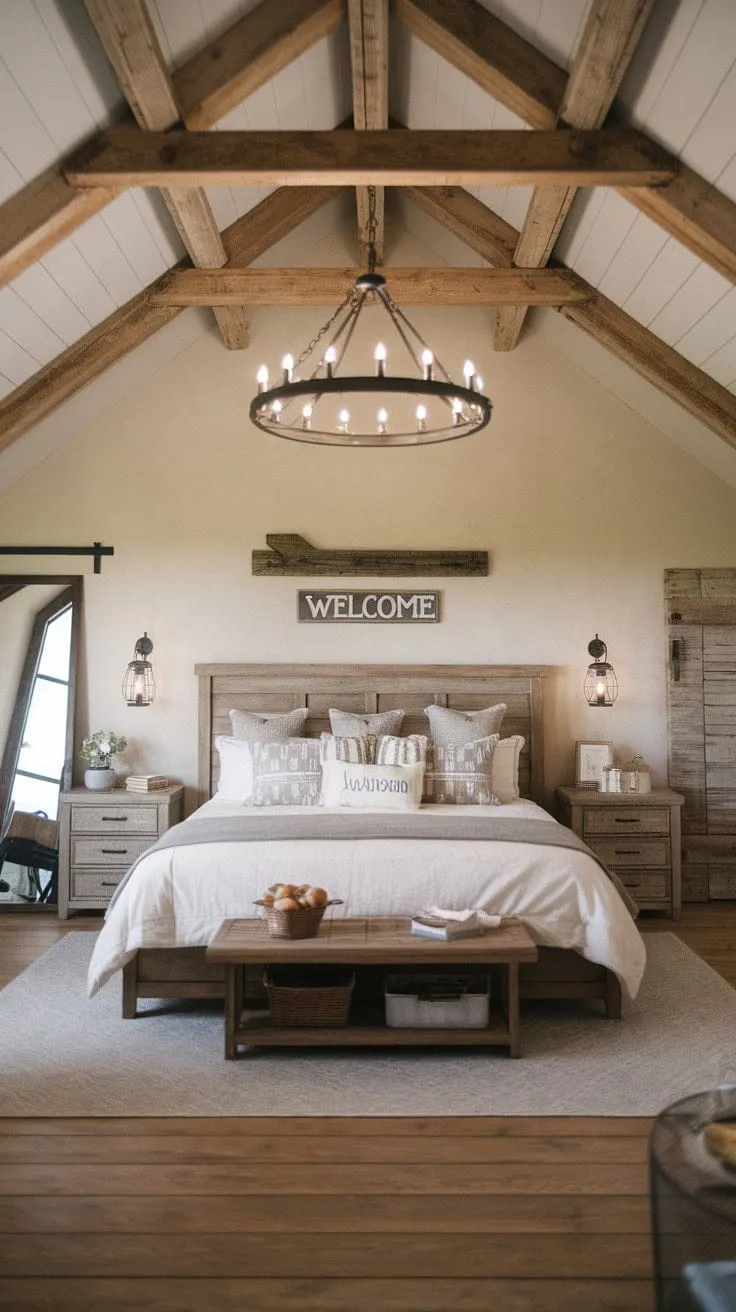 Experience blissful slumber in a rustic sanctuary where exposed beams and a king-size bed envelop you in cozy charm and modern comfort.