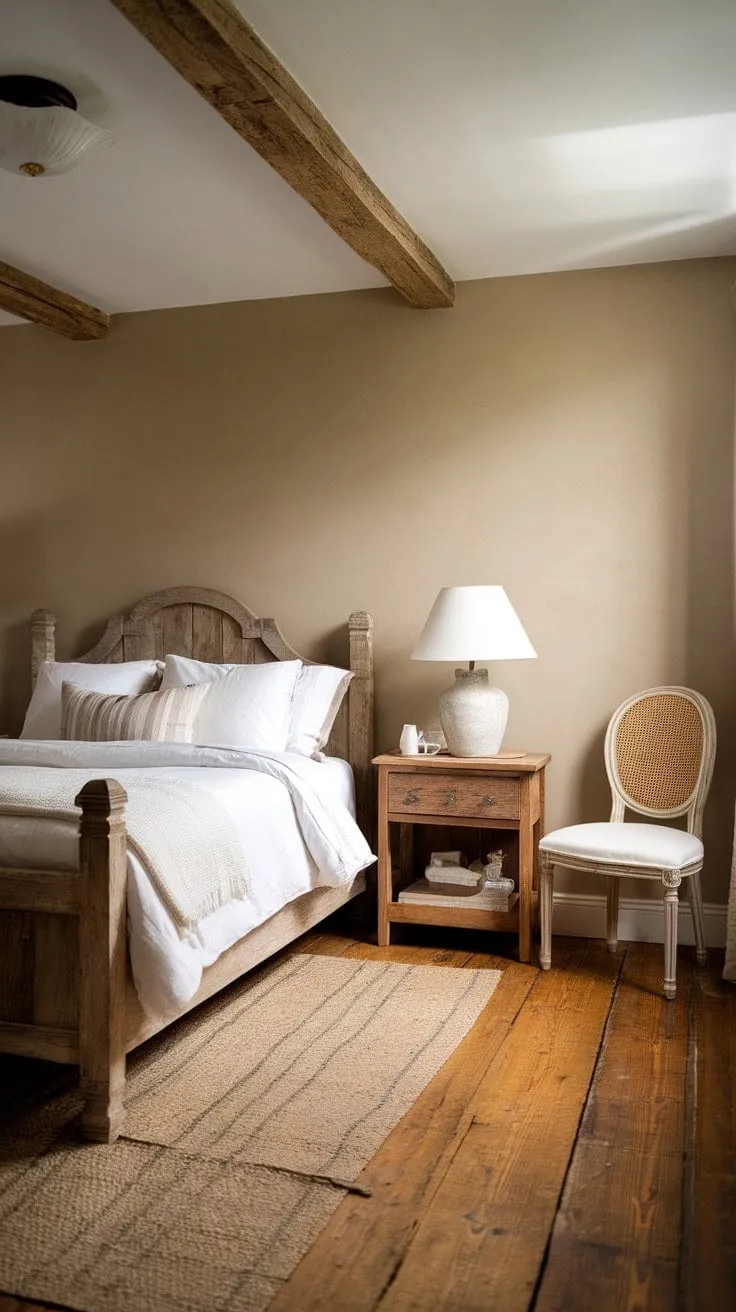 Escape to a rustic country bedroom where the warm glow of a lamp and cozy bedding invite you to relax and recharge in serene comfort.