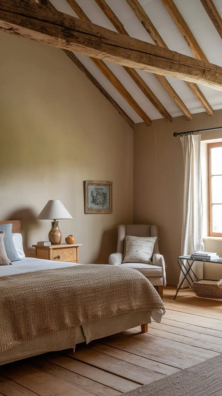 This rustic farmhouse bedroom features a wooden beam ceiling, a cozy queen-size bed adorned with a woven blanket, and charming farmhouse style decor that perfectly captures the essence of country living.