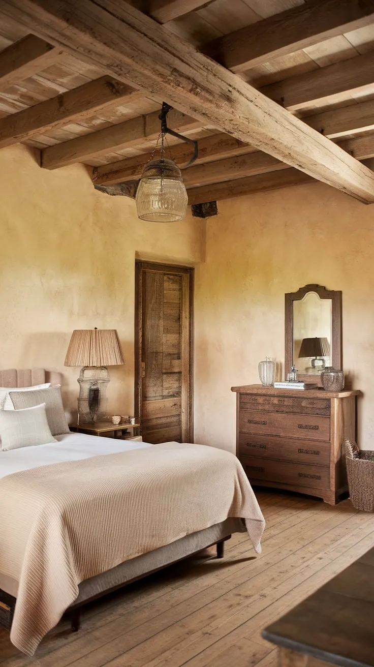 This rustic farmhouse bedroom features a queen-size bed, wooden beams, and vintage decor, perfectly capturing the charm of farmhouse style bedrooms and country bedroom aesthetics.