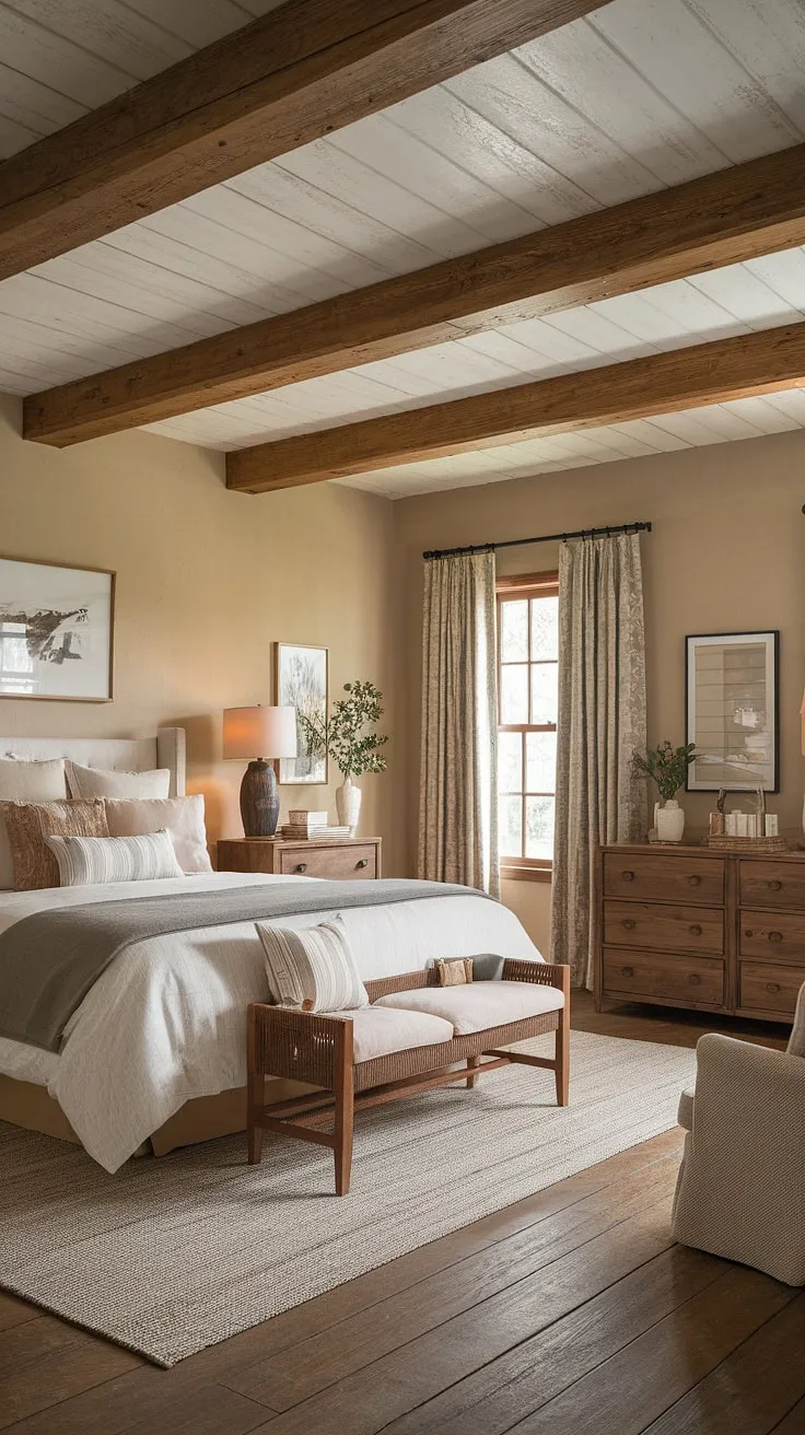 With its warm ambiance and rustic bedroom decor, this master bedroom showcases the ideal blend of comfort and farmhouse style.