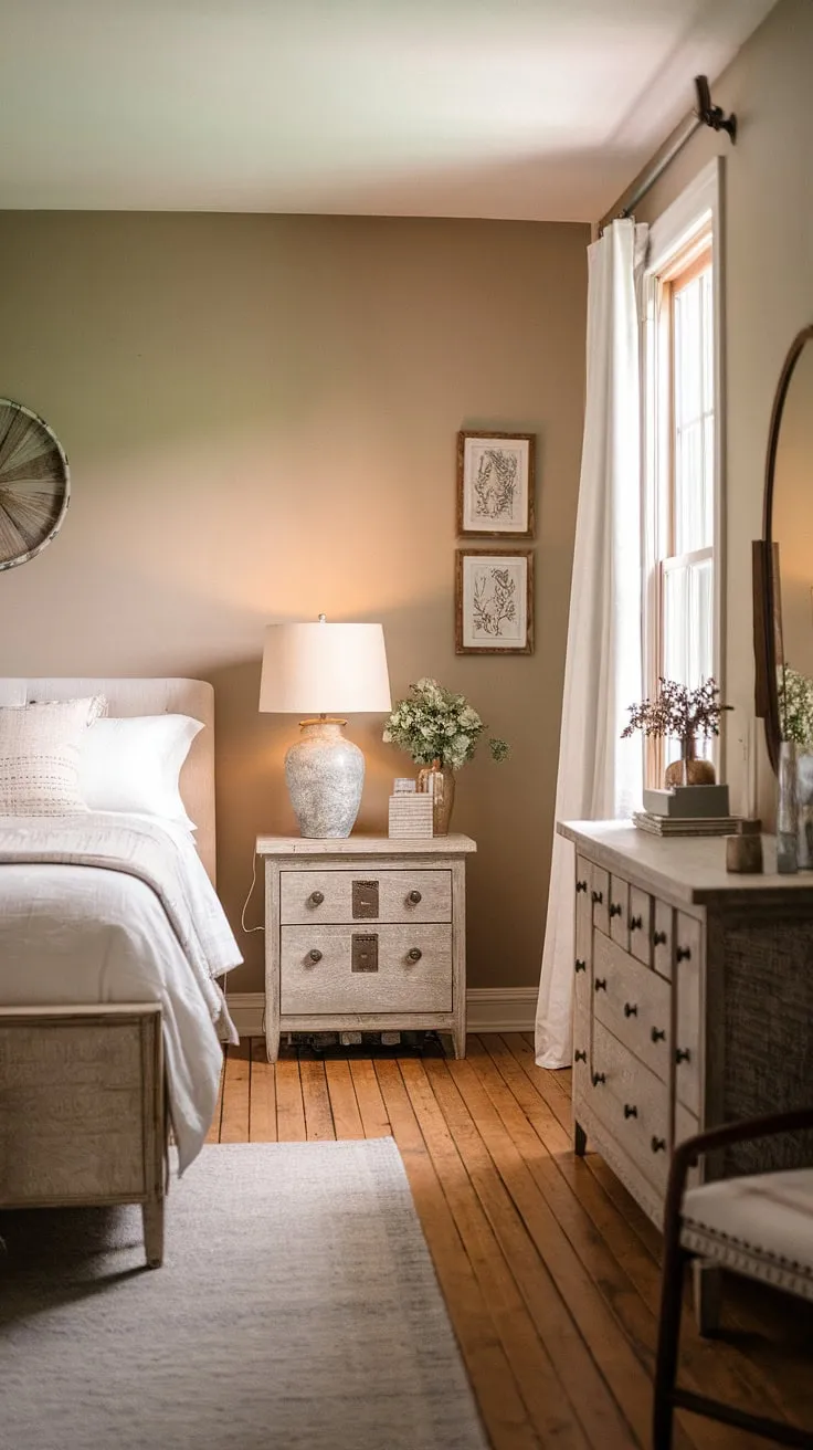 With its beige walls and wooden floors, this rustic bedroom decor exemplifies the essence of farmhouse style bedrooms, creating a master bedroom decor that feels both stylish and welcoming.