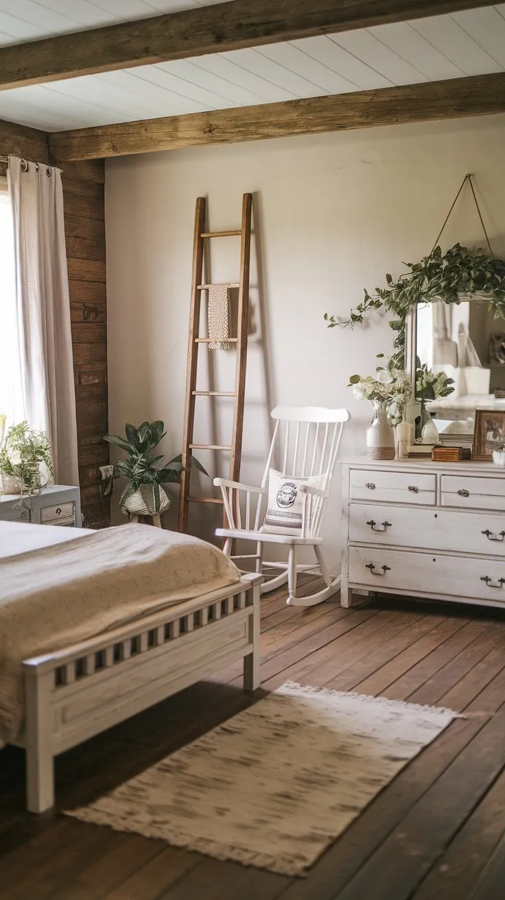 This rustic farmhouse bedroom showcases charming country decor with a wooden floor, white wooden furniture, and soft lighting, perfect for a cozy bedroom remodel.