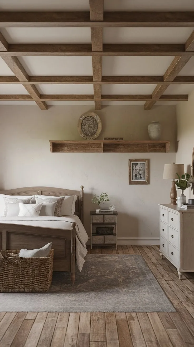 Featuring a cozy wooden plank floor and a white dresser, this master bedroom decor highlights rustic bedroom decor elements for a delightful bedroom remodel.