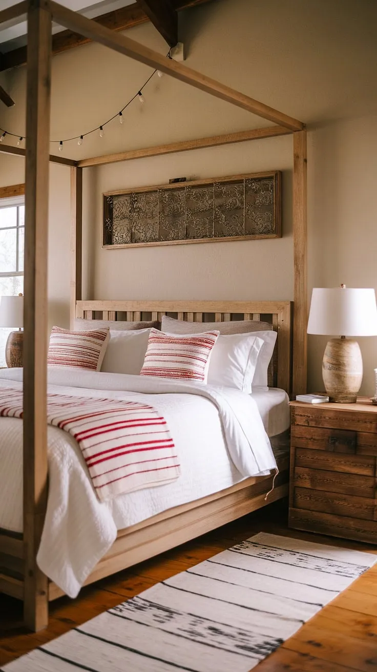 With its beige walls, wooden floors, and charming rustic bedroom decor, this master bedroom decor captures the essence of farmhouse style bedrooms.