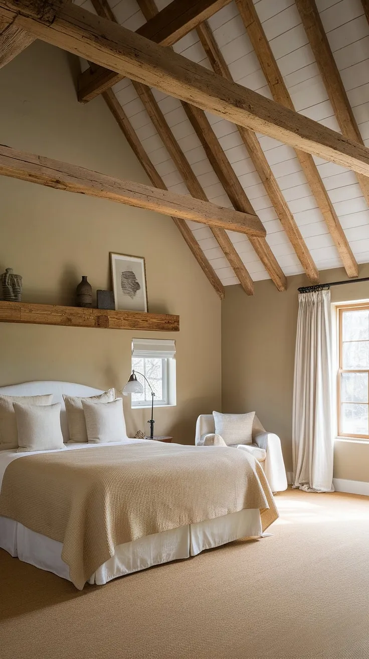 This rustic farmhouse bedroom features high ceilings and wooden beams, showcasing farmhouse style bedrooms with a cozy queen-size bed, beige decor, and charming rustic bedroom decor elements.