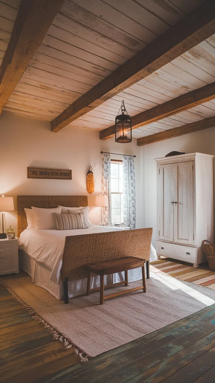 With its warm lighting and carefully curated farmhouse bedroom decor, this master bedroom remodel showcases the inviting charm of rustic farmhouse style and country bedroom aesthetics.