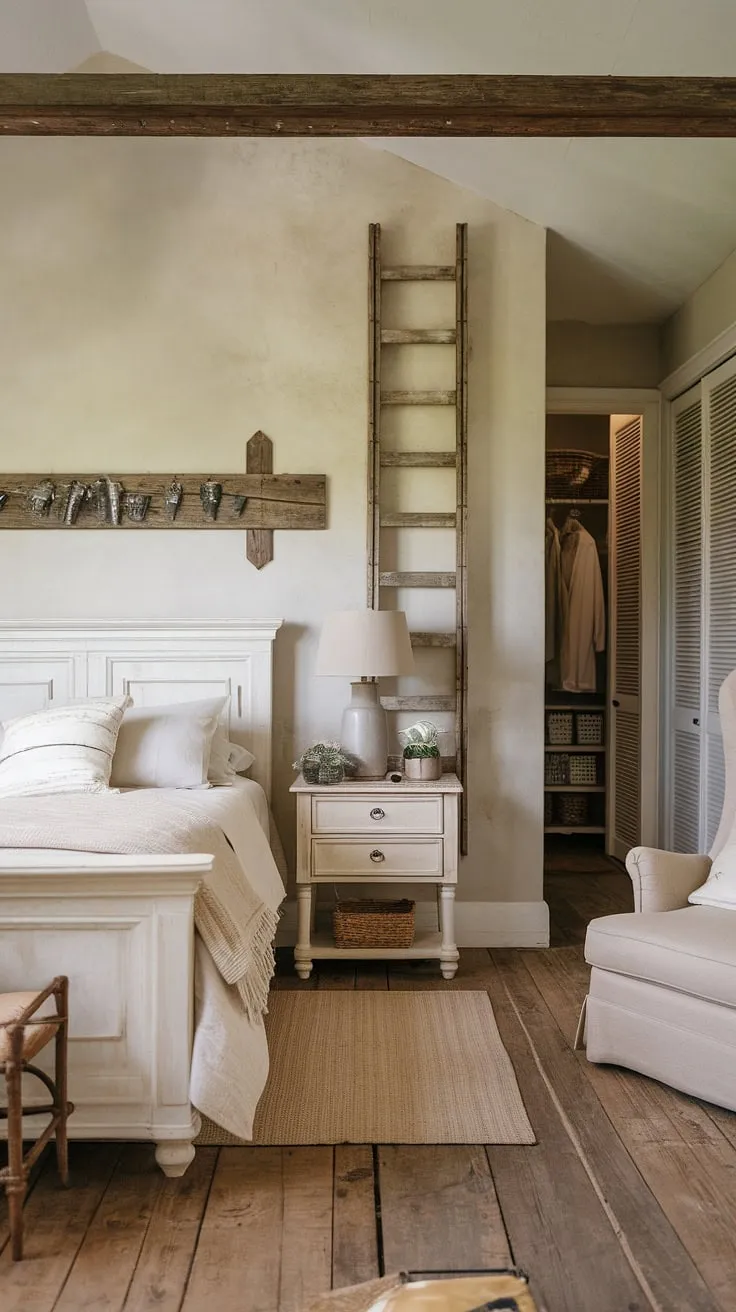 This rustic farmhouse bedroom showcases charming farmhouse style with its white wooden bed, vintage decor, and warm country ambiance, perfect for a cozy bedroom remodel.