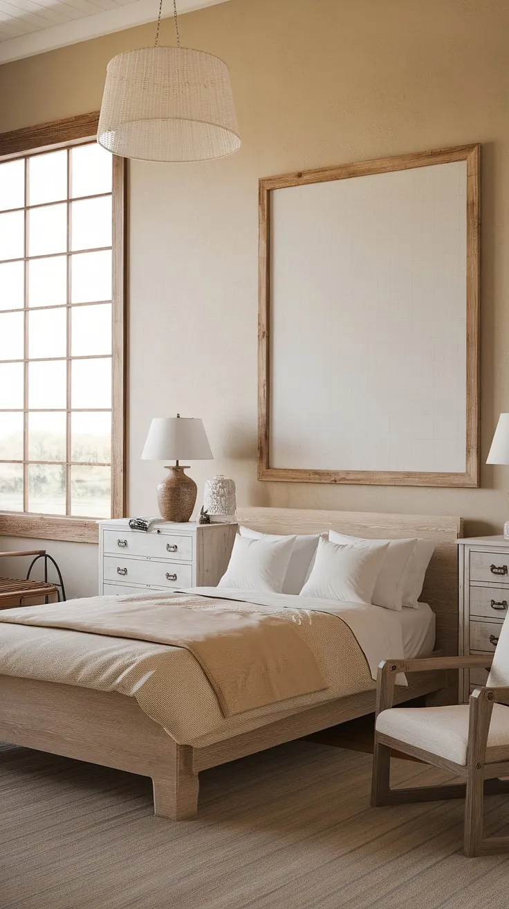 This rustic farmhouse bedroom features a queen-size wooden bed and charming decor, perfectly embodying the essence of farmhouse style bedrooms and country bedroom aesthetics.