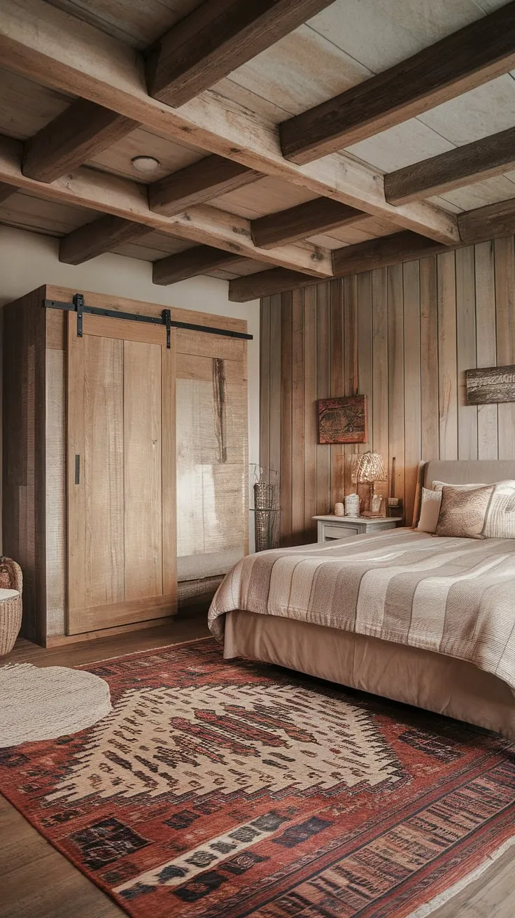 With its king-size bed, wooden beams, and charming decor, this rustic farmhouse bedroom exemplifies the ideal blend of farmhouse style and master bedroom decor for a welcoming country retreat.