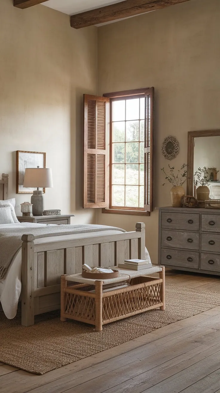 This rustic farmhouse bedroom showcases charming farmhouse style with its wooden bed frame, woven rug, and country decor, making it an ideal choice for a bedroom remodel.
